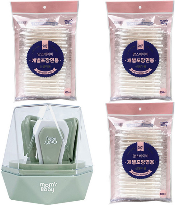 맘스베이비 크리스탈 4종 손톱깍이세트 와 면봉3개, 개별포장면봉 3개, 민트, 1개