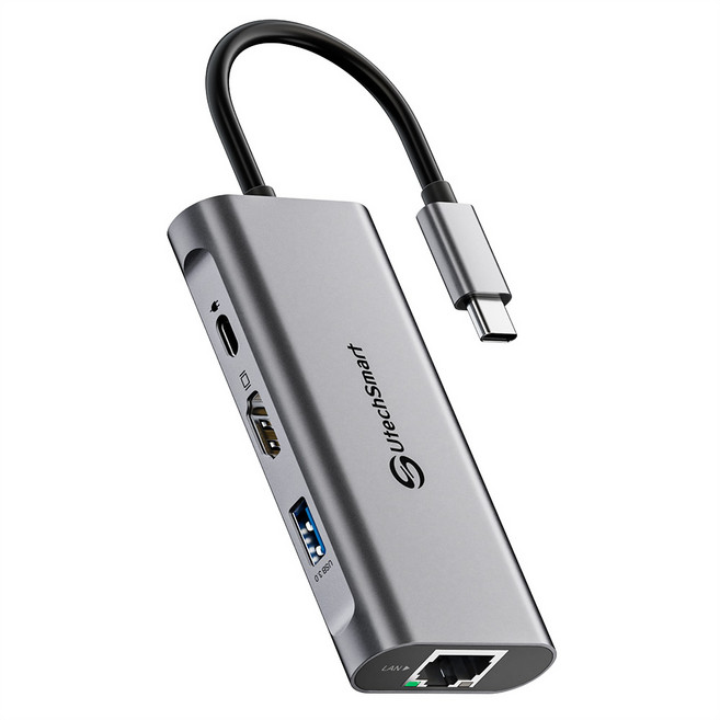 UtechSmart USB3.0 허브 6포트 C타입 멀티허브 노트북 맥북 HDMI 4K 이더넷 1개, 회색