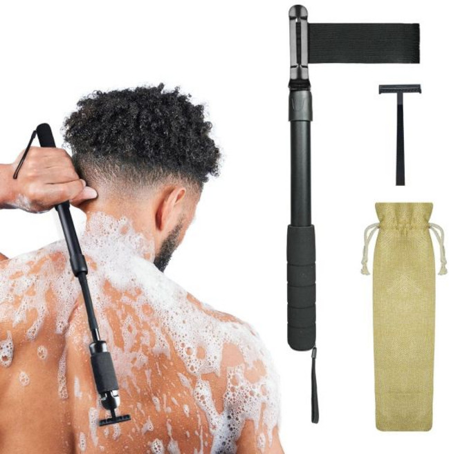 ETbyto 바디트리머 남자제모기 남성용 다리 면도기용 길이 조절 가능한 안전 면도기 연장 손잡이 백 다기능 손잡이는 로션 어플리케이터 젖은 또는 마른 헤어 브러시 - 블랙에, Black