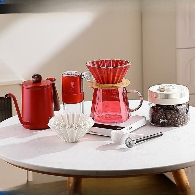 핸드드립 커피세트 핸드그라인더 커피머신 홈카페 선물용 드립포트세트, 1개, 9피스 핸드브루 세트 [레드]