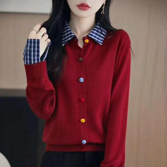 [초특가] POMTOR 여성 봄가을 빅사이즈 카라 니트 가디건 패셔너블한 루즈핏 셔츠 레이어드 스웨터