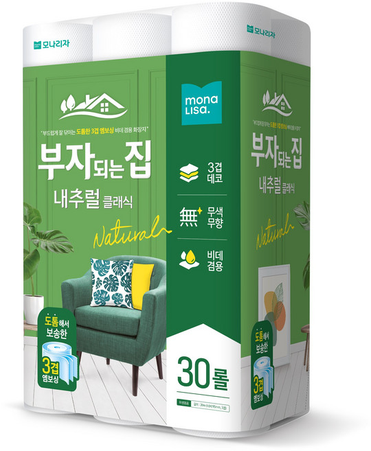 모나리자 부자되는집 휴지 내추럴 클래식 3겹 화장지, 1개, 30롤