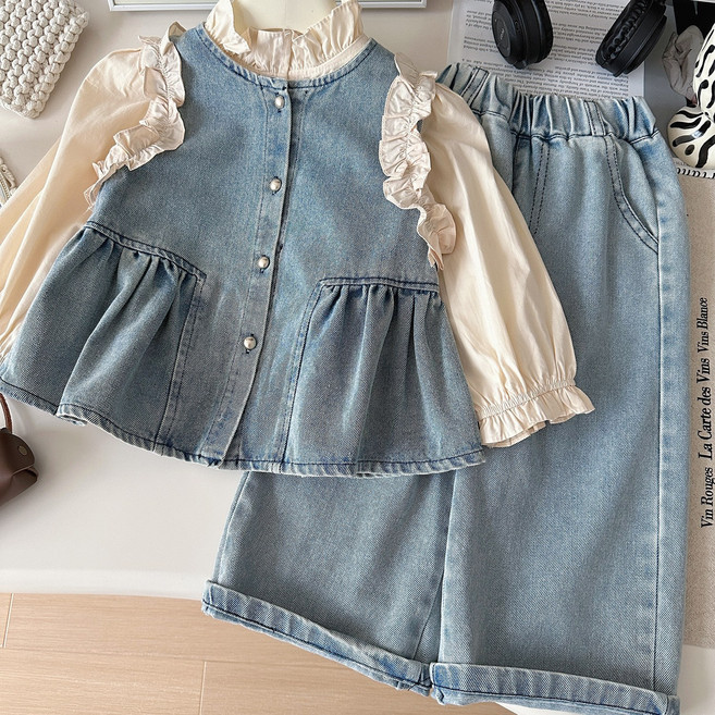 블링래빗 여아용 프릴 청 조끼 + 셔츠 + 팬츠 3종 세트 100~140 키즈 주니어 봄가을 상하복