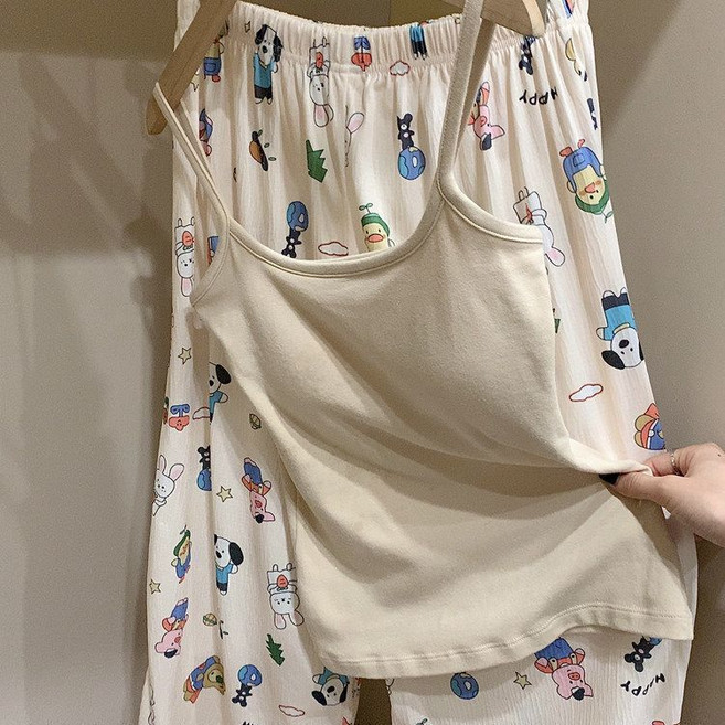 可愛卡通印花吊帶睡衣套裝，兩件式，薄款長褲，學生宿舍家居服, 1個, 杏色吊帶+貓狗睡褲 帶胸墊2XL