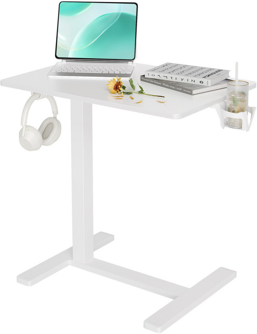 Claiks유압식 높이조절 테이블 이동식 사이드테이블 사이드데스크 침대 책상 쇼파 테이블 침실 테이블 보조 책상, 백색