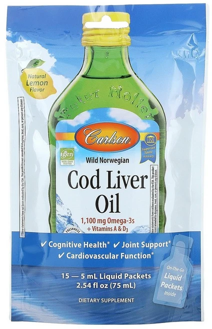 Carlson 노르웨이 자연산 대구 간유 천연 레몬 액상 15팩 각 5ml(0.17온스), 15 개 - 쿠팡