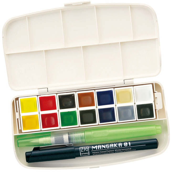 지그 쿠레타케 안채탐미 고체 물감 14색 세트, 팔레트+물감14색+워터브러쉬팬1개+블랙드로잉팬1개, 1세트