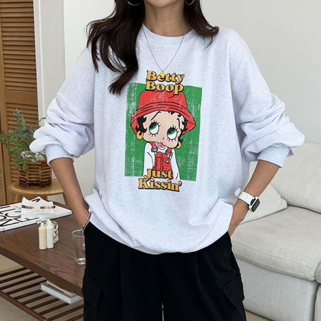 여성용 빅사이즈 오버핏 긴팔티 맨투맨 간절기 박스핏 박스티 BETTY 맨투맨