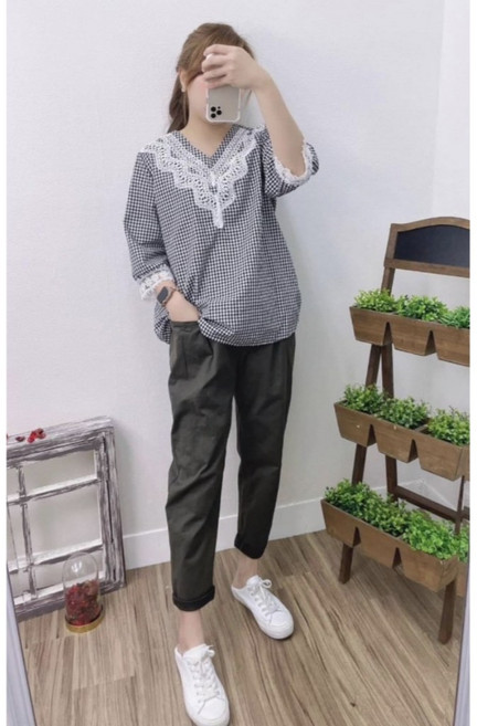 StephenieX 格紋七分袖上衣