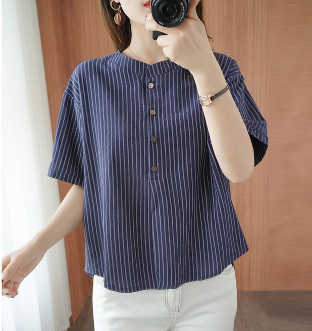 SAHINER 여성 반팔 린넨 스트라이프 단추 라운드넥 캐주얼 상의 ATX56