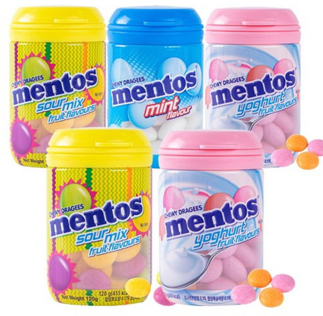 휴대용 멘토스 바틀 민트 샤워믹스 요구르트 3가지맛, 5통, 120g