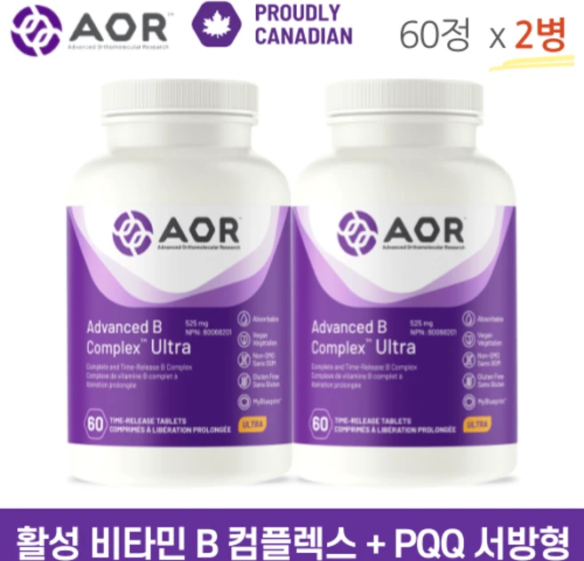 에이오알 B 컴플렉스 울트라 서방형 60정 고함량 활성비타민 B군 복합체 + PQQ, 2개 - 쿠팡