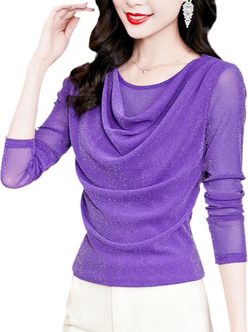 여성용 라운드 글리터 셔링 긴팔 티셔츠 라인 라틴 댄스복 상의 Women's T-shirt