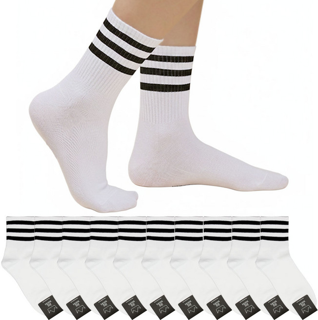 지니양말 100% 국내생산 남성 여성 삼선 포인트 라인 중목 양말 10켤레