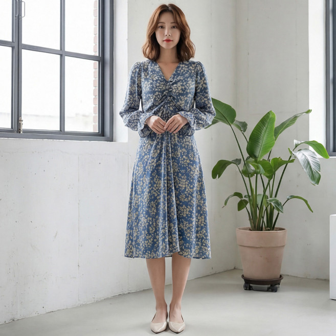 케메크 빅사이즈 여성 브이넥 플라워 패턴 쉬폰 긴소매 미디 원피스