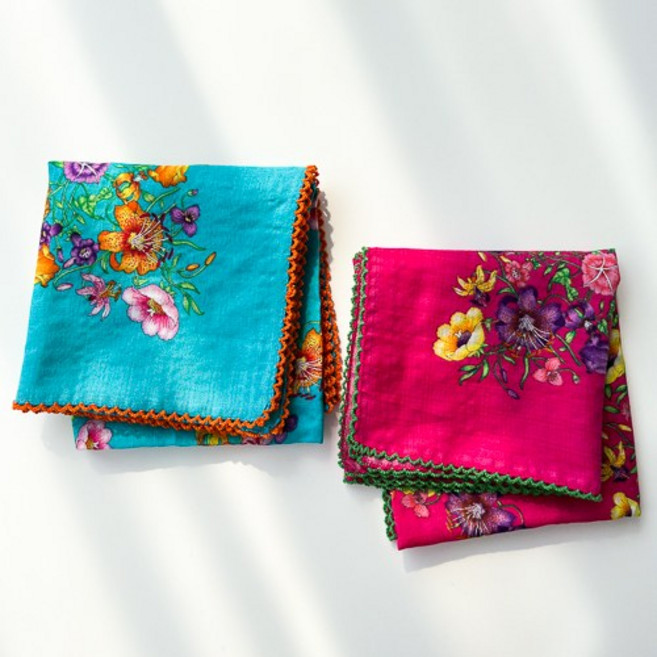 여성손수건 2매세트 여자손수건 스티치 면 꽃무늬 플라워 레이스 자수 국내제작