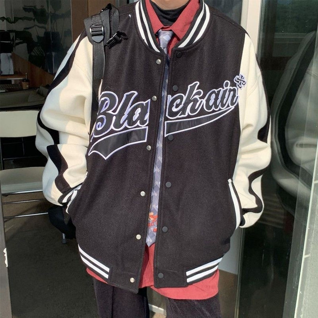 冬天外套 外套男 棒球外套春秋新款美式拼接撞色港風寬松棒球服男刺繡夾克寬松情侶外套女