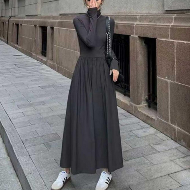 날씬해보이는원피스 롱원피스 롱 코디 긴팔 검정 플레어 드레스 여자 목티 원피스