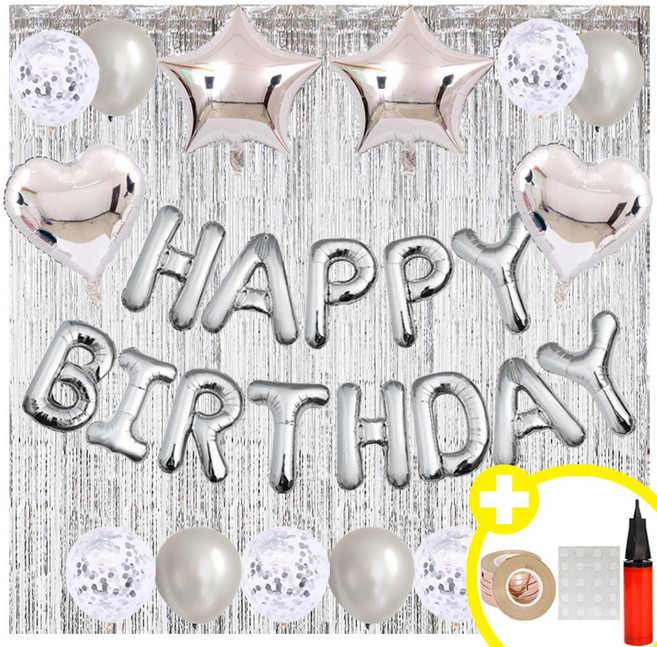 생일파티 용품 하트 스타 HBD 생일풍선 파티용품 세트 인생샷 포토존 연출템 10옵션 [에브리띵스마일] 1219, 1세트, 실버 풍선 커튼