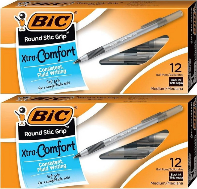 BIC Round Stic Grip 엑스트라 컴포트 볼펜 미디엄 포인트 1.2mm 블랙 12개입 192636, 2