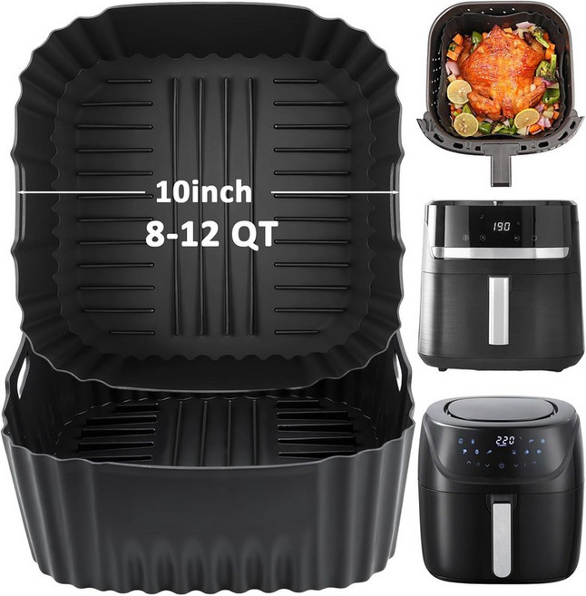 BYKIEN 9인치 정사각형 실리콘 에어프라이어 라이너 68QT 재사용 가능한 트레이 삽입구 코르소리 6QT용 액세서리 닌자 프로 XL 6.5QT 구르미아 등, for 8 to 12 QT