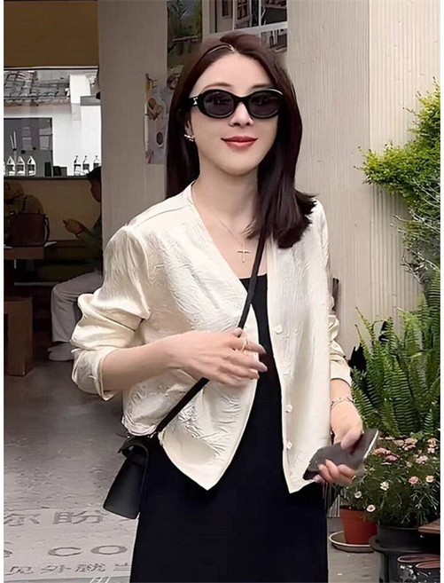 短款冰感醋酸V領長袖薄外套女夏防曬衣開衫上衣, 白色