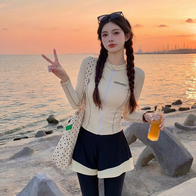 泳衣女款分體三件套滌綸長袖長褲防曬保守學生平角褲顯瘦專業泳裝
