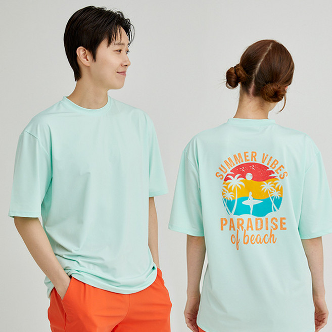 슈가비치 남자 여자 반팔 래쉬가드 공용 상의 BH24-04F 그래픽 루즈핏 수영복