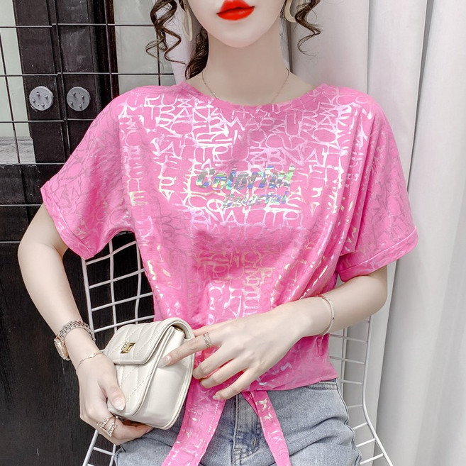 쌍천 패션 스트링 핫금 티셔츠 반팔 여자 여름 루즈핏 밑단 매듭 상의 W25082914