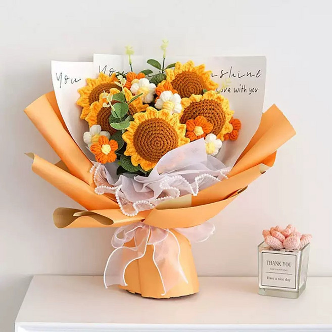 毛線手工針織花束成品 畢業季生日禮物, 1件, 5向日葵 禮袋 35   25   15Cm : 1
