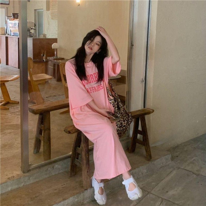 여성용 데일리 루즈핏 심플 반팔 롱 원피스