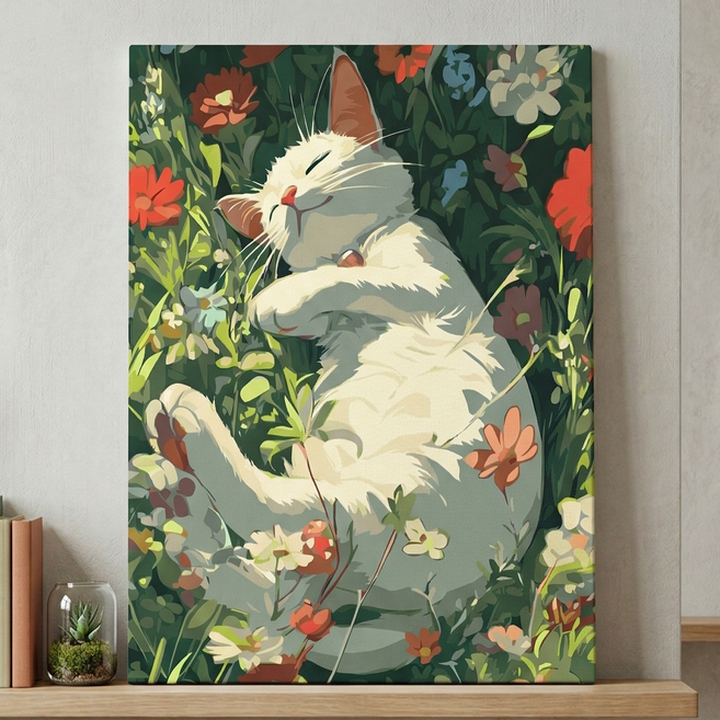DIY 명화 그리기 유화 그림 그리기 캔버스+물감+붓 세트, 1개, 꽃밭 속 냥이의 낮잠