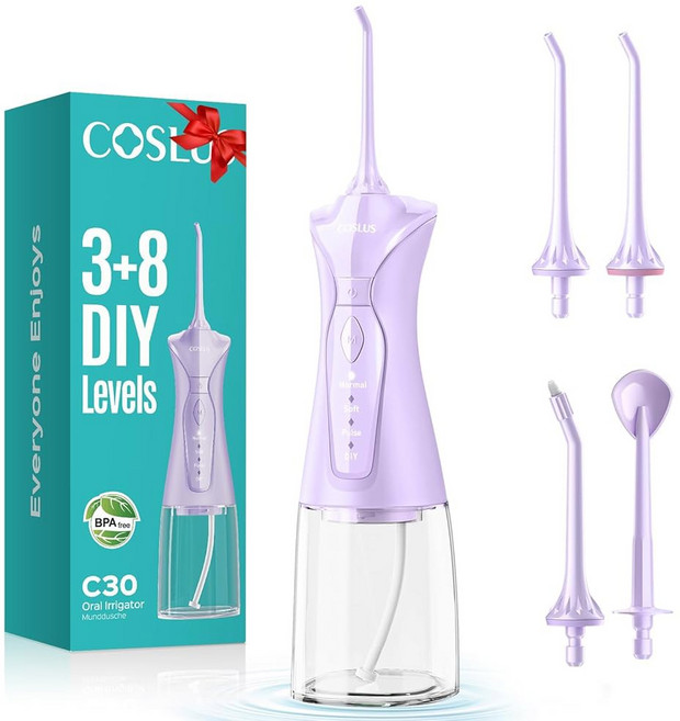 치아용 COSLUS 수치 치실 C30(FC5360): 4가지 모드 무선 휴대용 300ML 대형 탱크, Purple