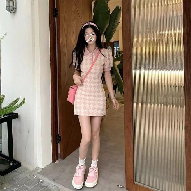 해피유통 여성 프렌치 빈티지 체크 슬림핏 니트 원피스 jhfxx
