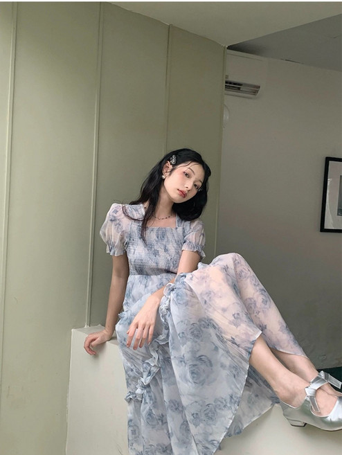方領碎花連衣裙 夏季收腰木耳邊長裙, 圖片色
