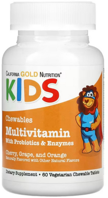 캘리포니아골드뉴트리션 어린이 멀티비타민 프로바이오틱 과일맛 60씹는정 종합비타민 비타민C 비타민, 1개, 60정