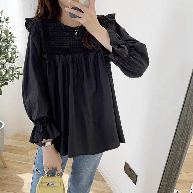 2024春秋新款韓版娃娃衫 寬鬆純色圓領百搭孕婦上衣女, 2XL