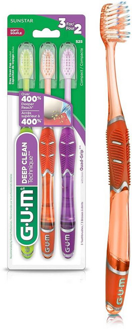GUM Technique 딥 클린 칫솔 - 컴팩트 헤드 민감하고 부드러운 칫솔모가 있는 성인용 칫솔 3개입 175877, 1개
