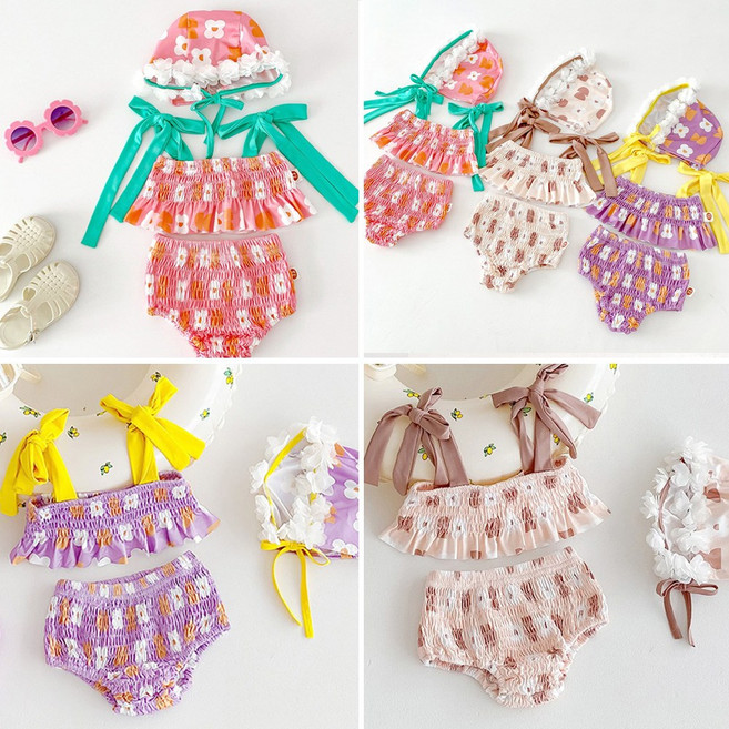 아뜰리에 스모크 영유아수영복 아기래쉬가드 프릴 원피스 수영복 모자세트