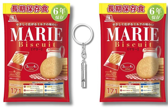 모리나가제과 마리 비스킷 장기보존식 비상식량 6년보존 12매입×2봉지 구급 호루라기 세트 과자 방재 식품 비축품 지진 대책 롤링 스톡