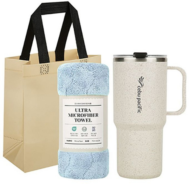 커피가루 우디 핸들 텀블러 + 타올 선물세트(30개 이상 주문), 아이보리, 색상랜덤
