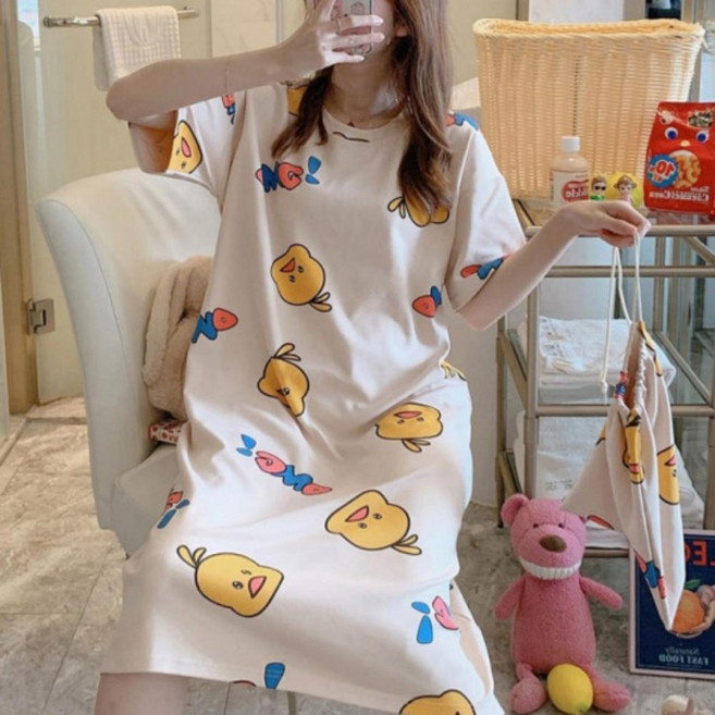 롱 원피스 잠옷 체형커버 귀여운 캐릭터 여름 반팔 홈웨어