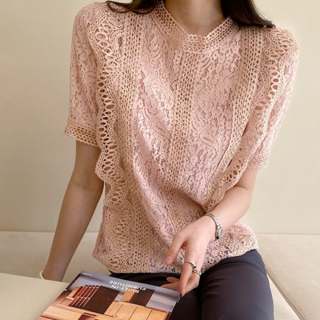 D 출근룩 결혼식 코디 여성 고급스러운 레이스 블라우스 반팔