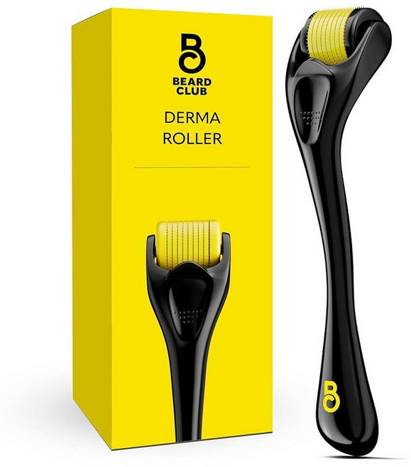 The Beard Club Derma 롤러 및 클렌징 스프레이 키트 - 수염 두피 얼굴용 미세 니들 롤러 수염 바늘 클리너 포함 가정용 마이크로 스킨 장치 남성 여성용, 더마 롤러 - 블랙 & 옐로우