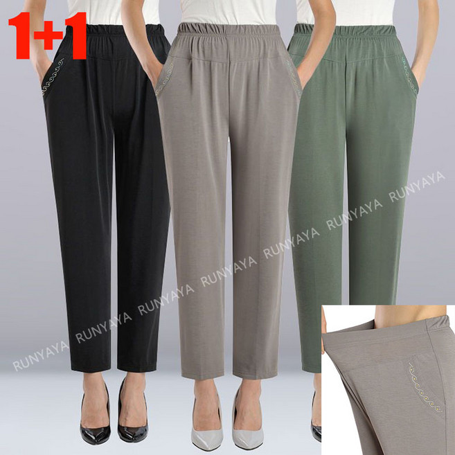 RUNYAYA 1+1/2벌 하이웨스트 자수 9부팬츠 아이스 시원한 여름용 중장년 엄마바지 할머니바지 캐주얼 밴딩 편한 쿨링 냉감 팬츠 바지 ~5XL까지
