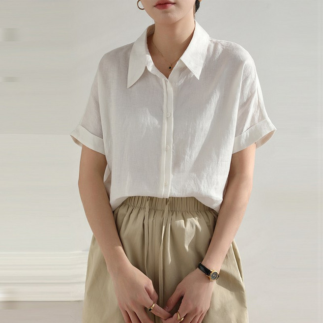 Rooeas 여성 린넨 터치 반팔 셔츠 베이직 루즈핏 카라 블라우스 내추럴 데일리룩