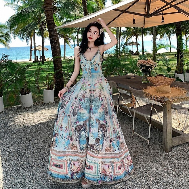 【梨卡】隔日到貨 女裝 洋裝 長裙 連身長裙 波西米風洋裝 復古露背連身裙 V領長裙 顯瘦大擺裙HZ036, 如圖色