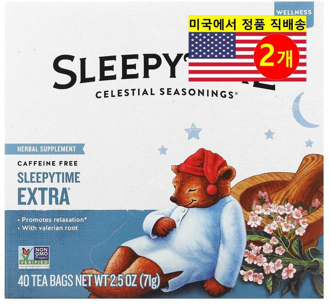 Celestial Seasonings 수면 건강 관리 웰니스 슬리피타임 허브 티 무카페인 40개입 71g 1개, 2개