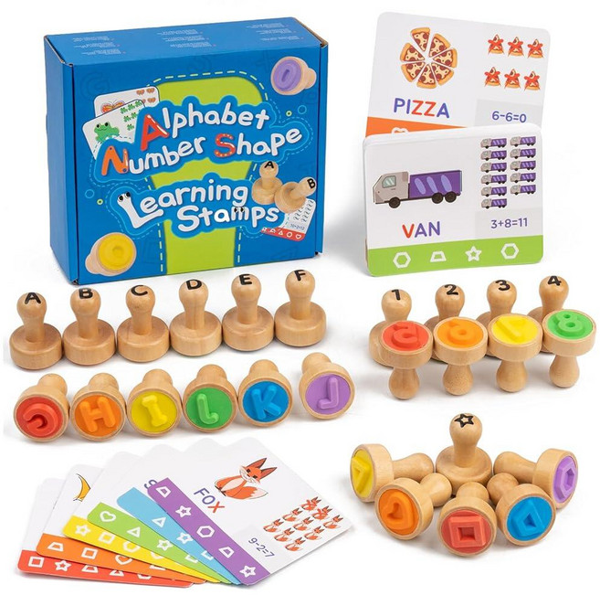 KDSFT 아동용 알파벳 숫자 스탬프 나무 ABC 철자 글자 스탬퍼 세트 플래시 카드 수학 학습 숫자 스탬퍼 예술 및 공예 용품 만 3 4 5세용 몬테소리 장난감 선물, KDSFT 아동용 알파벳 숫자 스탬프, 나무 ABC 철