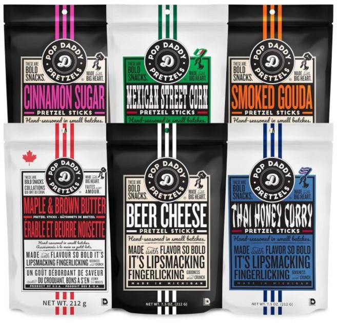 POP DADDY ·POPCORN· 디핑 소스 팝 대디 맛 프레첼 스틱 건강한 고메 7.5온스 다양팩 6개입 마늘 파마산 시나몬 슈가 페퍼콘 랜치 훈제 구다 딜 피클 노란, 허니 커리 / 메이플 / 옥수수 / 맥주 치즈 / 시나, 7.5 온스 (6개 묶음)